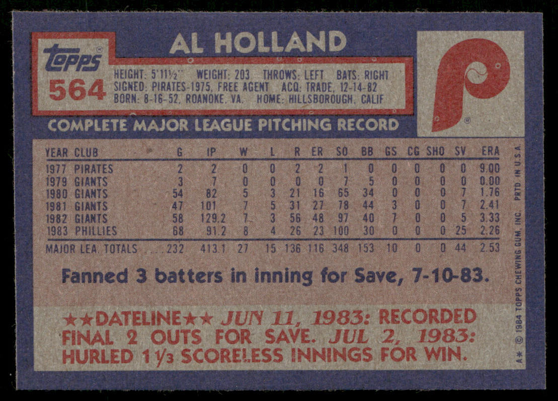 Al Holland 1984 Topps #564 Philadelphia Phillies