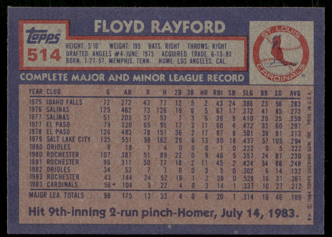 Floyd Rayford 1984 Topps #514 St. Louis Cardinals