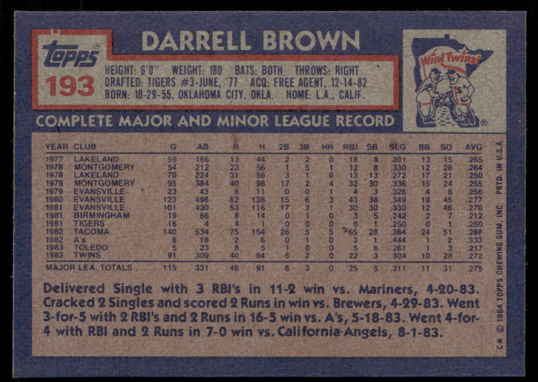 Darrell Brown 1984 Topps #193 RC Minnesota Twins