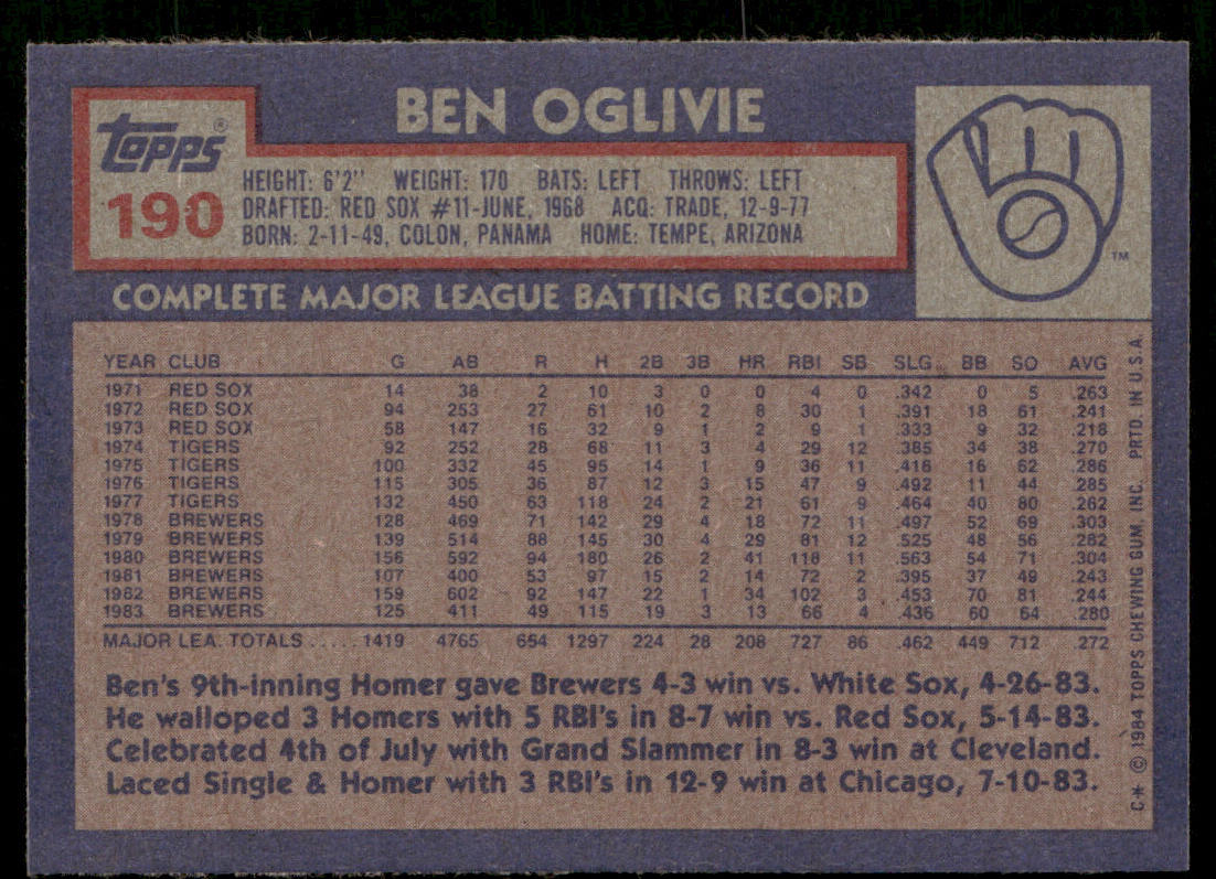 Ben Oglivie 1984 Topps #190 Milwaukee Brewers