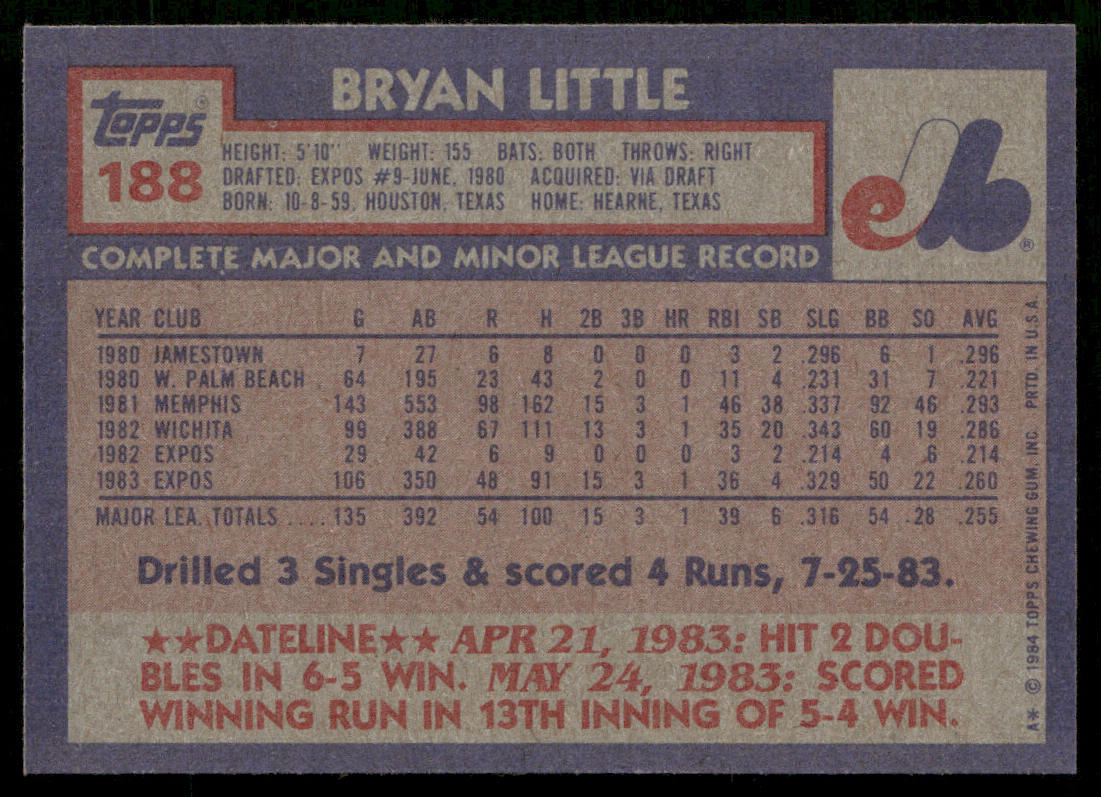 Bryan Little 1984 Topps #188 RC Montreal Expos