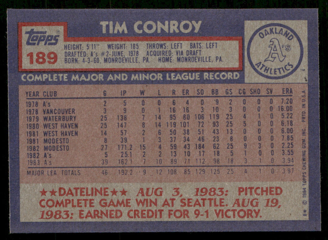 Tim Conroy 1984 Topps #189 RC Oakland Athletics