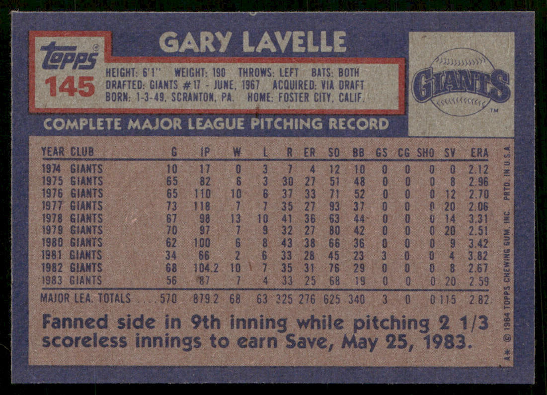 Gary Lavelle 1984 Topps #145 San Francisco Giants