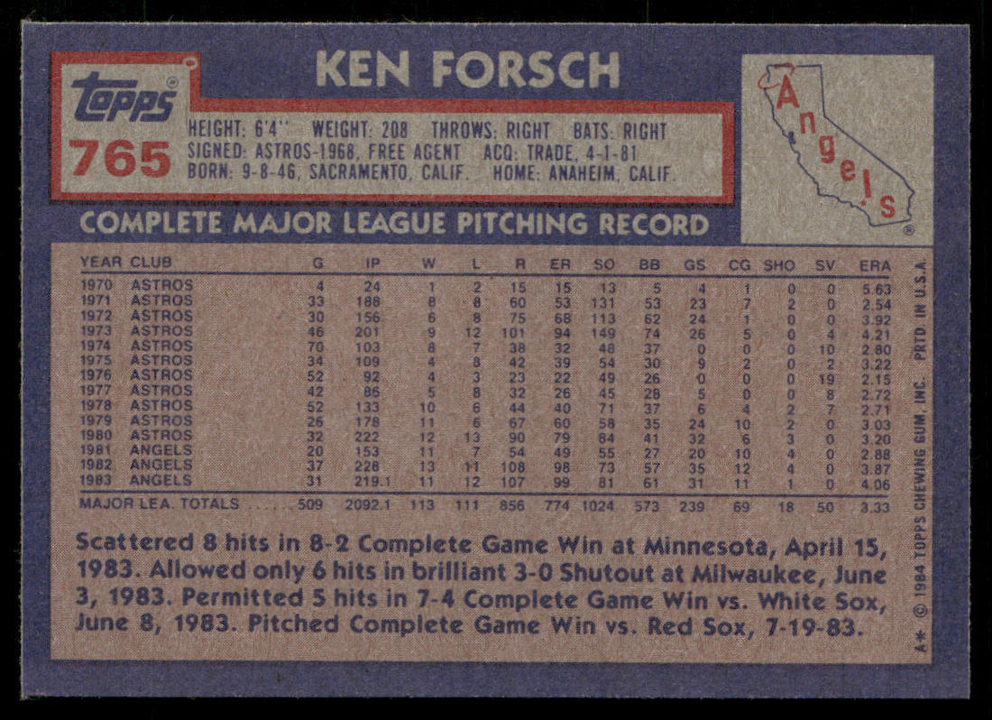 Ken Forsch 1984 Topps #765 California Angels