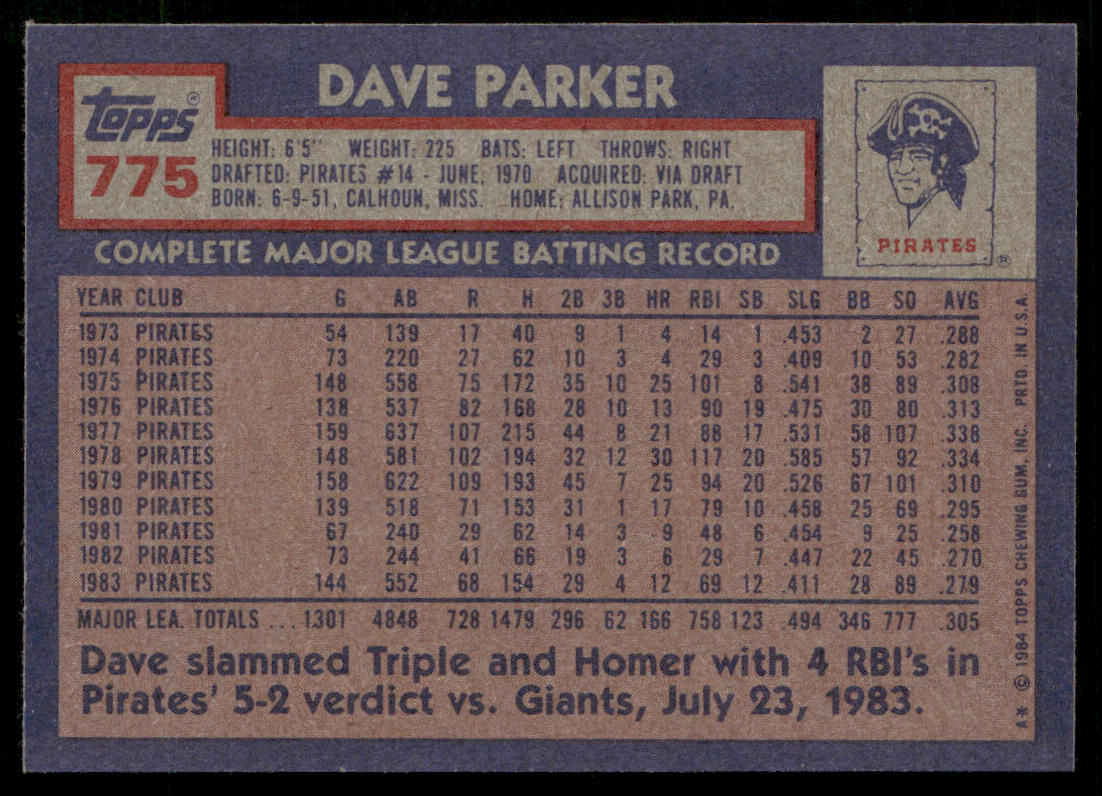 Dave Parker 1984 Topps #775 Pittsburgh Pirates