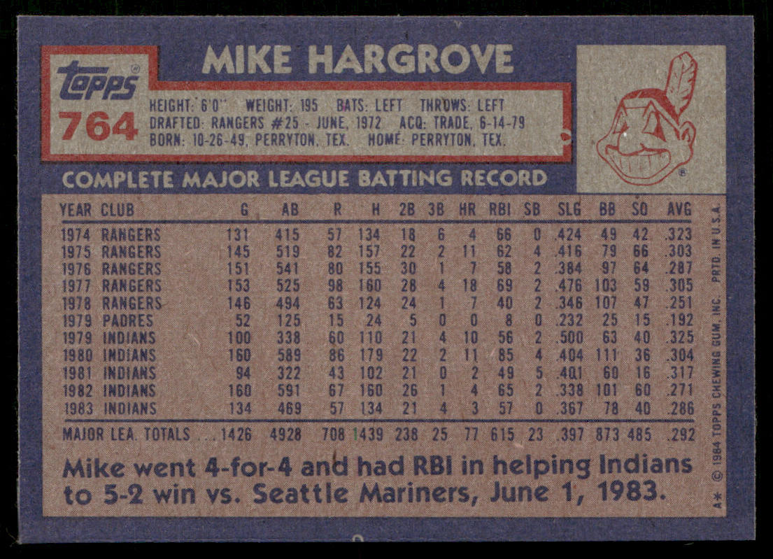 Mike Hargrove 1984 Topps #764 Cleveland Indians