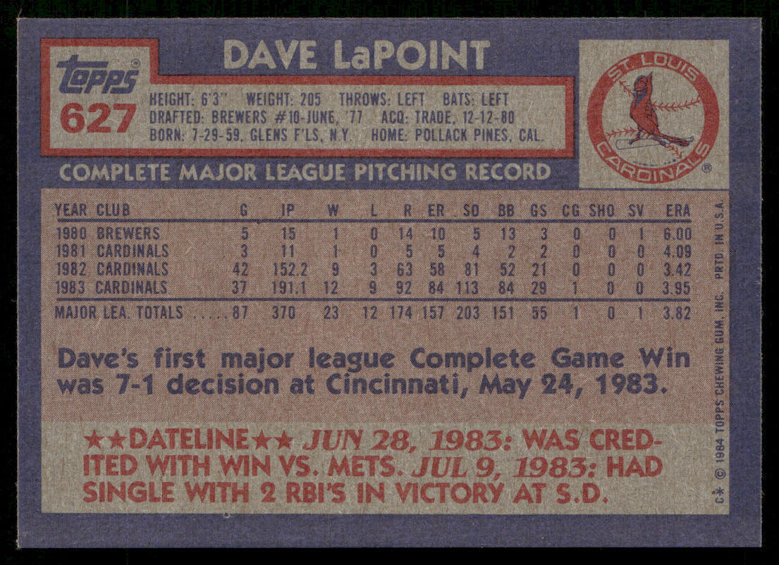 Dave LaPoint 1984 Topps #627 St. Louis Cardinals