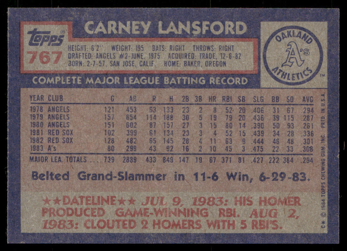 Carney Lansford 1984 Topps #767 Oakland Athletics