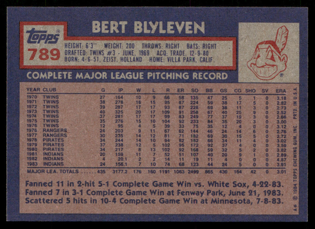 Bert Blyleven 1984 Topps #789 Cleveland Indians