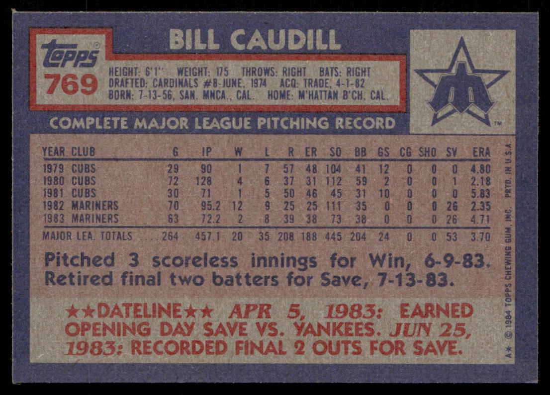 Bill Caudill 1984 Topps #769 Seattle Mariners
