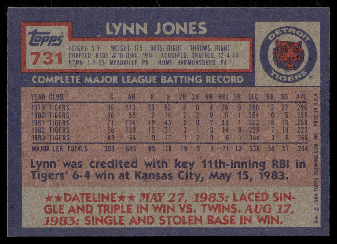 Lynn Jones 1984 Topps #731 Detroit Tigers