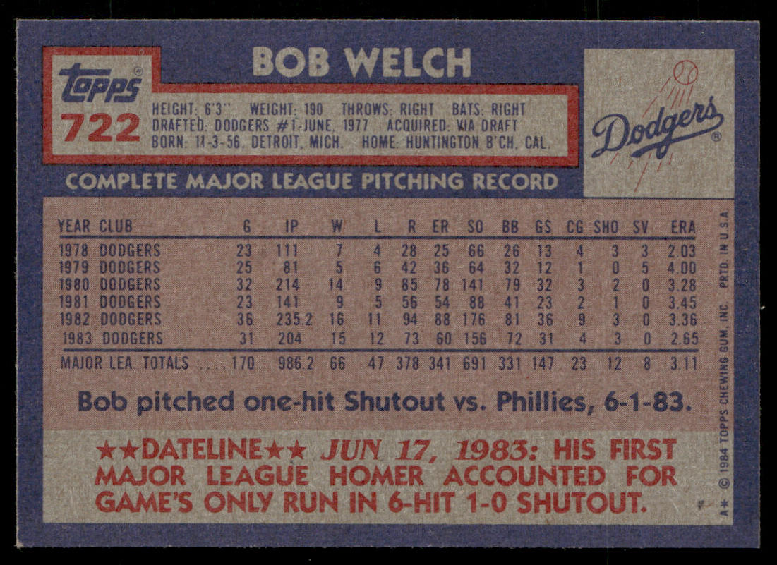Bob Welch 1984 Topps #722 Los Angeles Dodgers