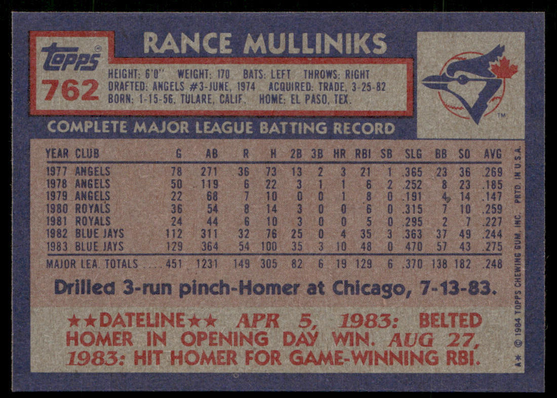 Rance Mulliniks 1984 Topps #762 Toronto Blue Jays