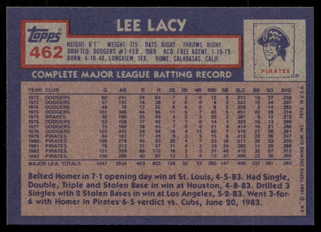 Lee Lacy 1984 Topps #462 Pittsburgh Pirates