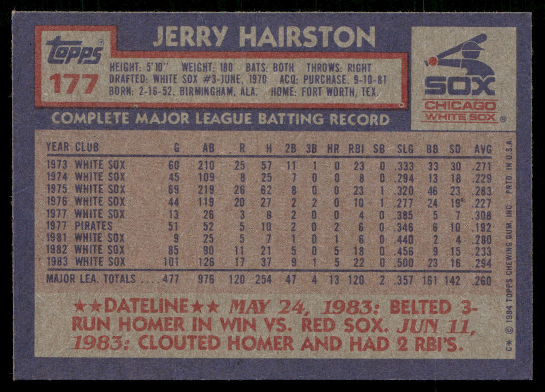 Jerry Hairston 1984 Topps #177 Chicago White Sox