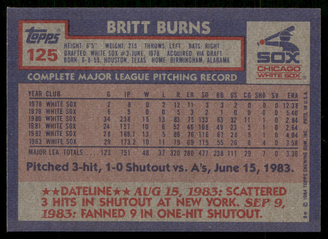 Britt Burns 1984 Topps #125 Chicago White Sox