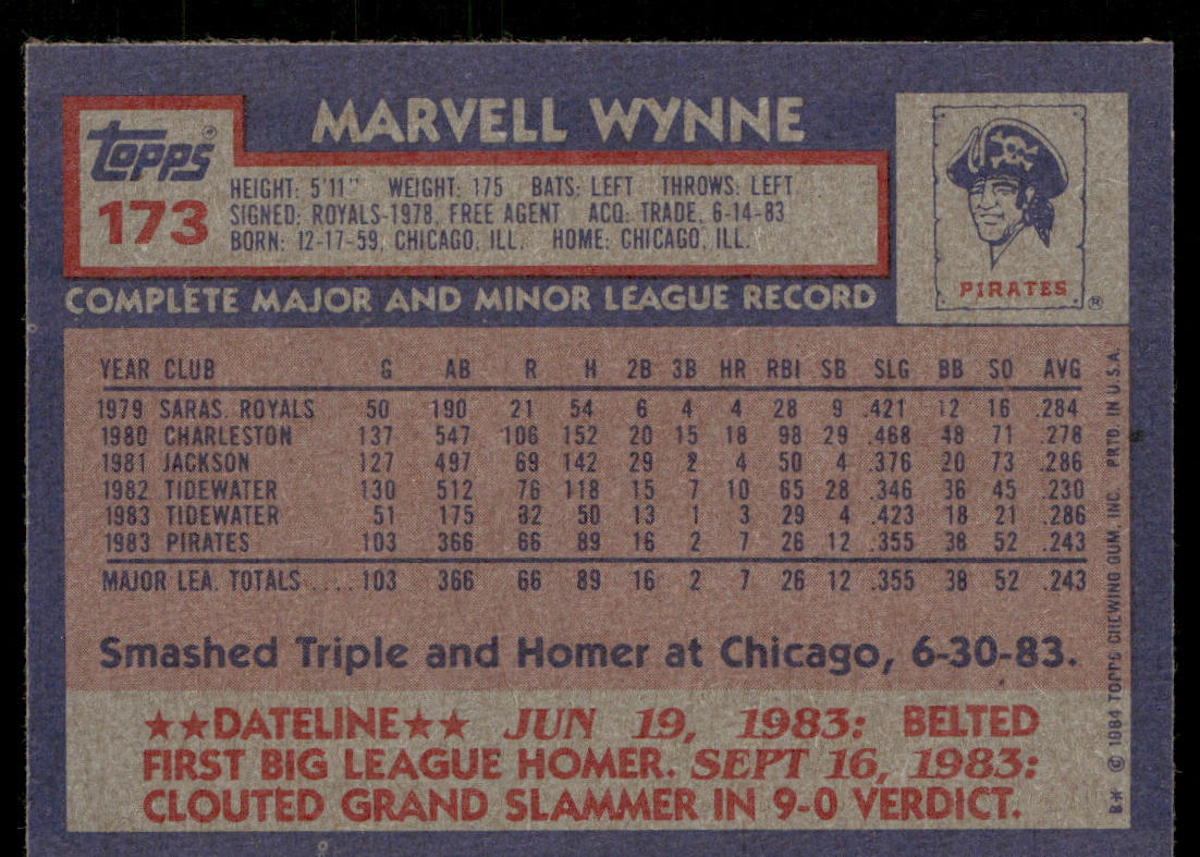 Marvell Wynne 1984 Topps #173 RC Pittsburgh Pirates