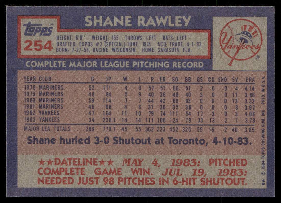 Shane Rawley 1984 Topps #254 New York Yankees