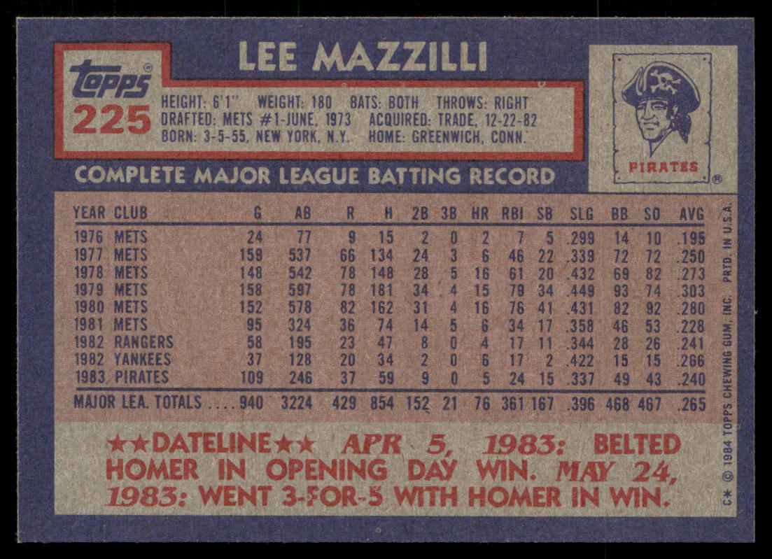 Lee Mazzilli 1984 Topps #225 Pittsburgh Pirates