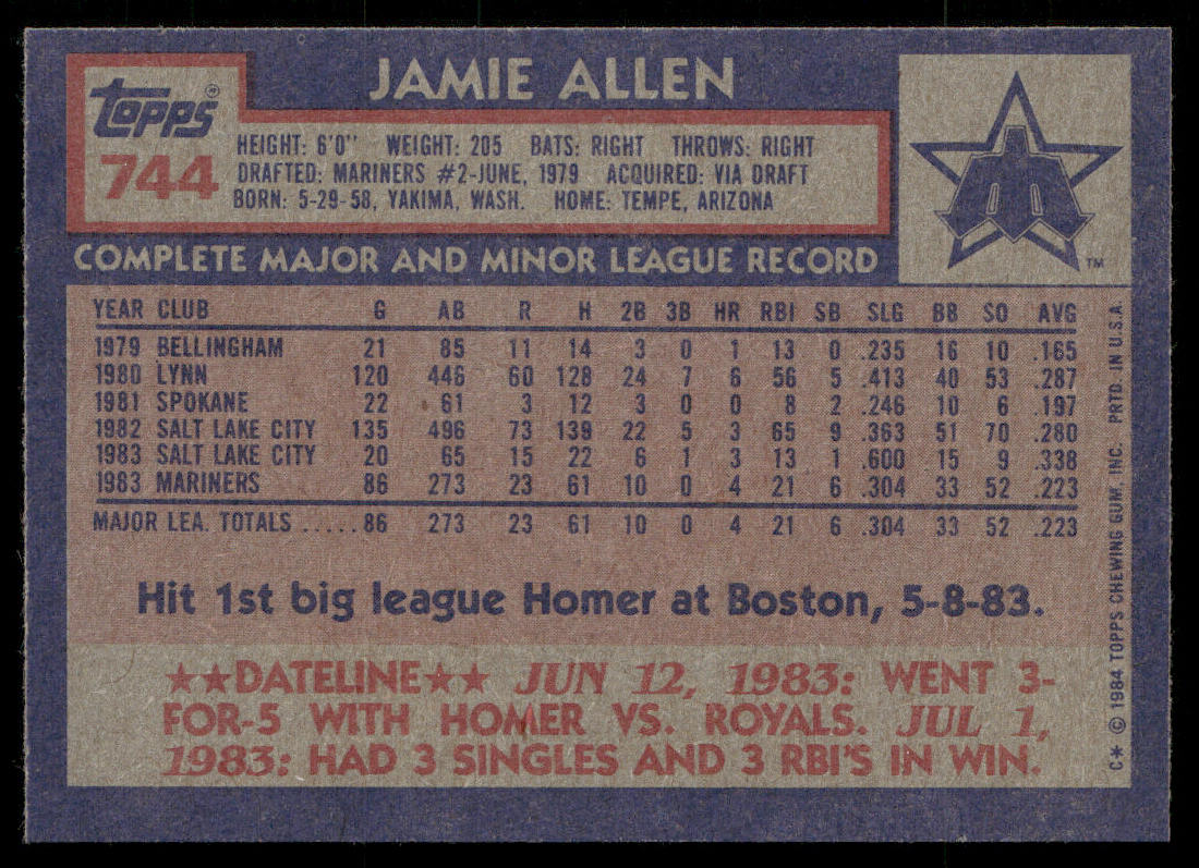 Jamie Allen 1984 Topps #744 RC Seattle Mariners
