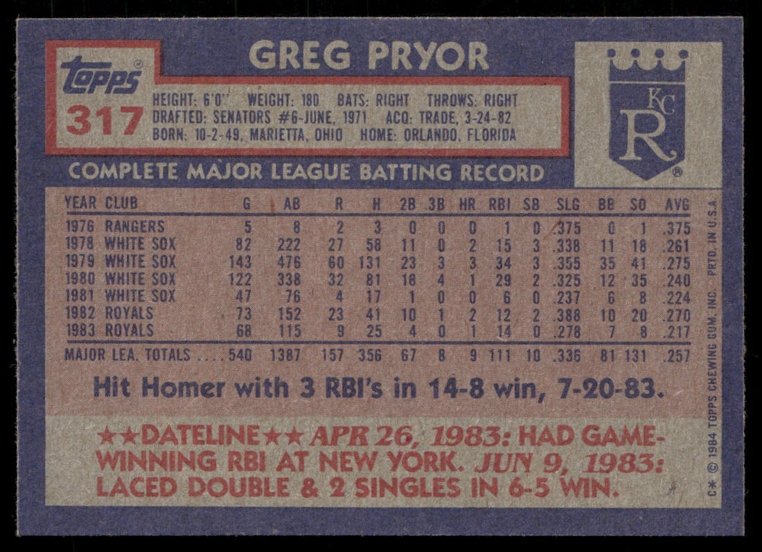 Greg Pryor 1984 Topps #317 Kansas City Royals