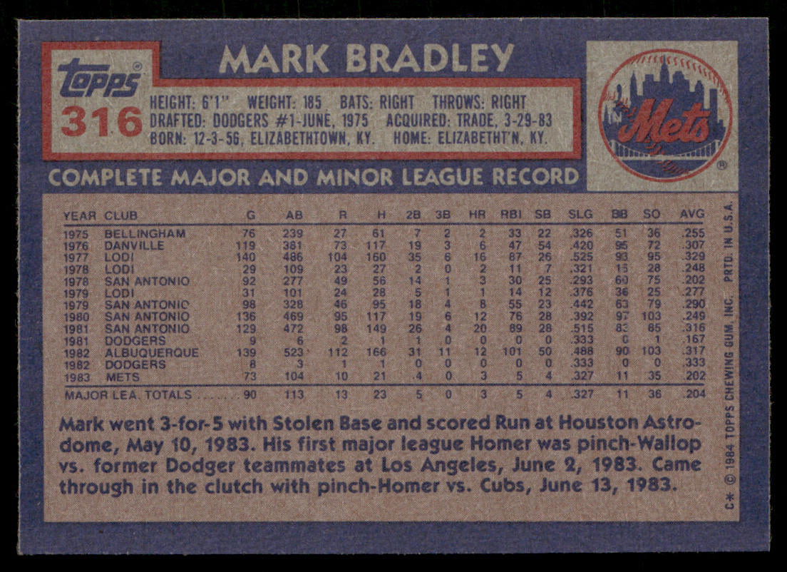 Mark Bradley 1984 Topps #316 RC New York Mets