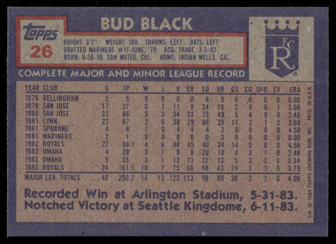 Bud Black 1984 Topps #26 Kansas City Royals