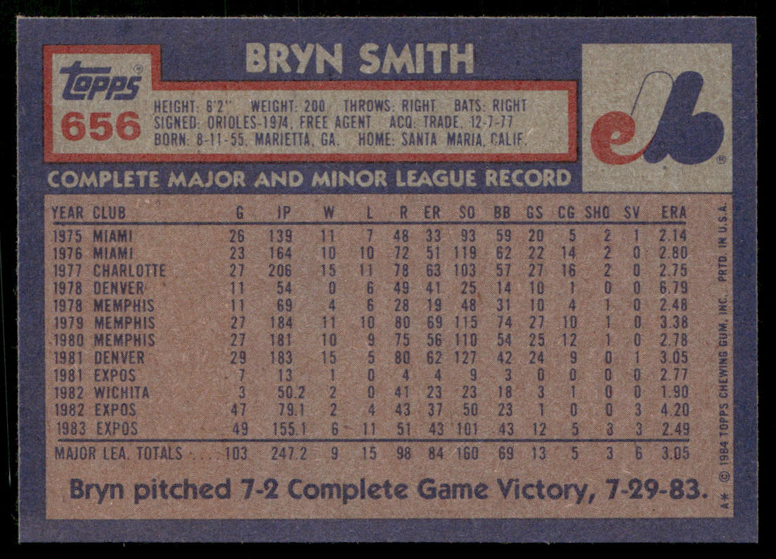 Bryn Smith 1984 Topps #656 Montreal Expos