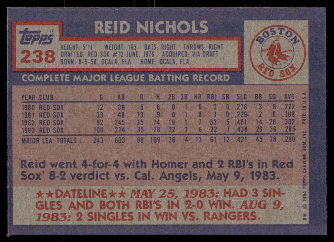 Reid Nichols 1984 Topps #238 Boston Red Sox