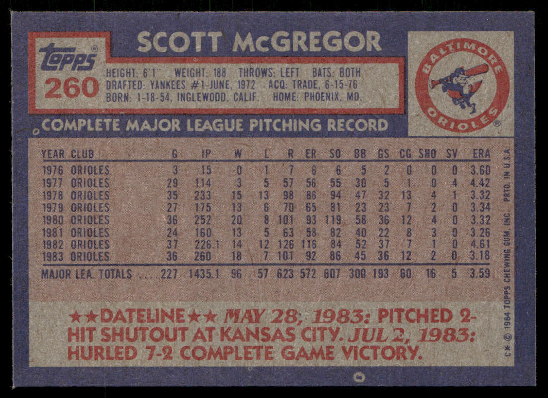 Scott McGregor 1984 Topps #260 Baltimore Orioles