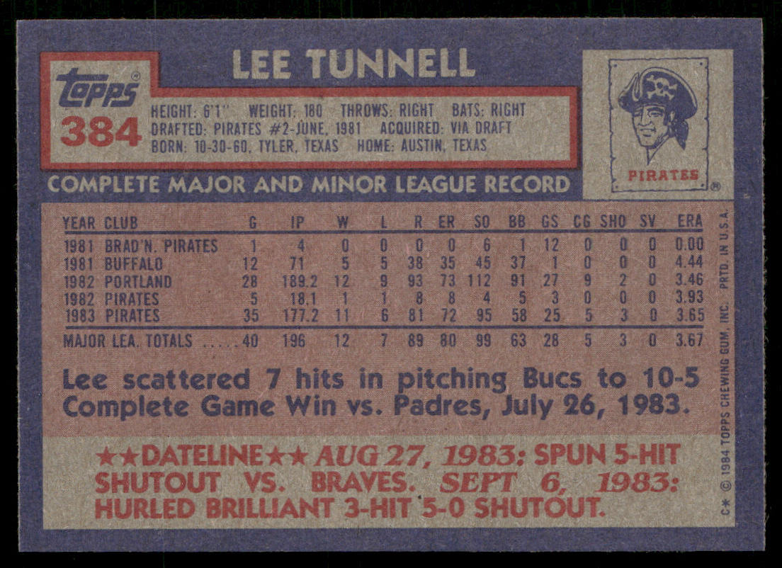 Lee Tunnell 1984 Topps #384 RC Pittsburgh Pirates