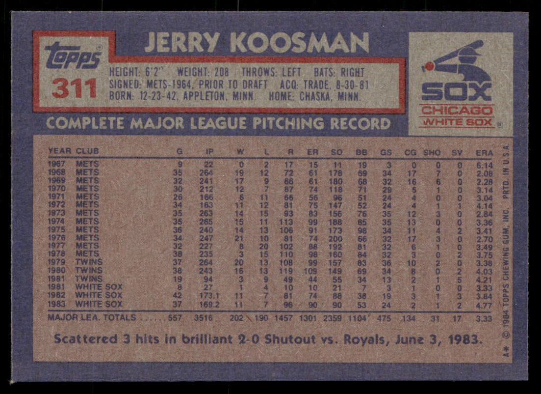 Jerry Koosman 1984 Topps #311 Chicago White Sox