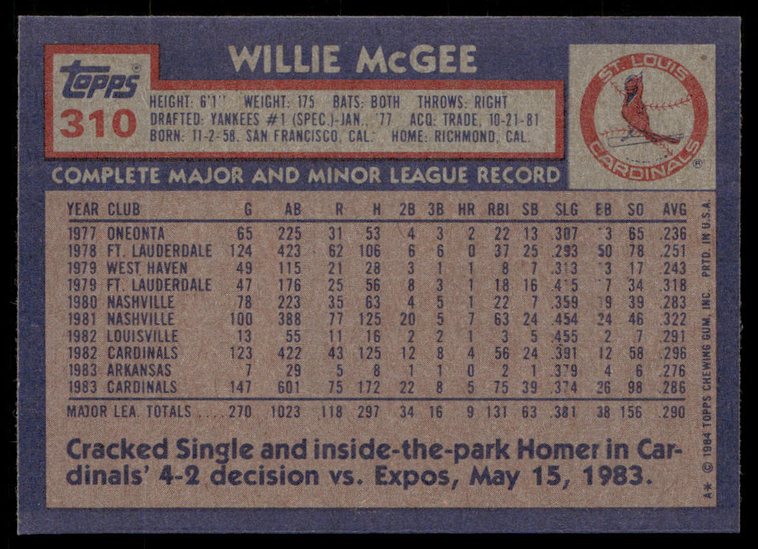 Willie McGee 1984 Topps #310 St. Louis Cardinals