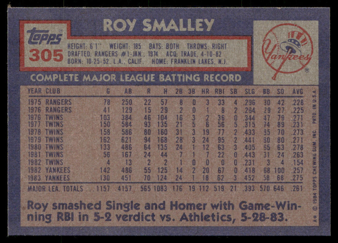 Roy Smalley 1984 Topps #305 New York Yankees