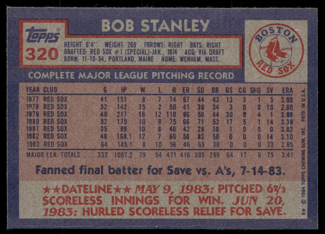 Bob Stanley 1984 Topps #320 Boston Red Sox