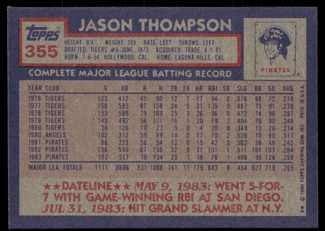 Jason Thompson 1984 Topps #355 Pittsburgh Pirates