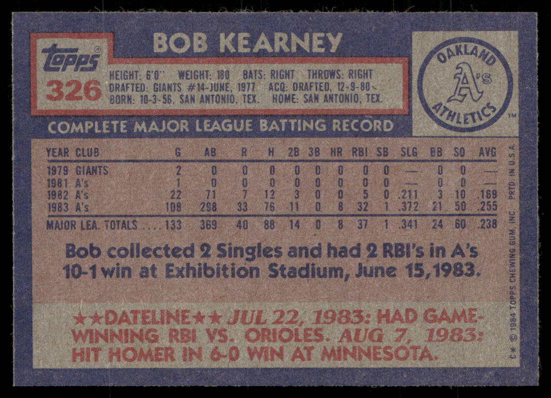 Bob Kearney 1984 Topps #326 Oakland Athletics