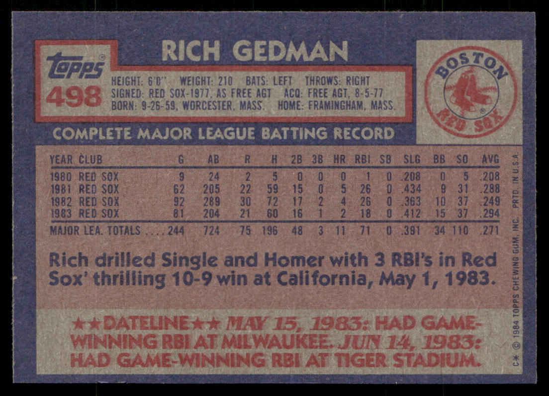 Rich Gedman 1984 Topps #498 Boston Red Sox