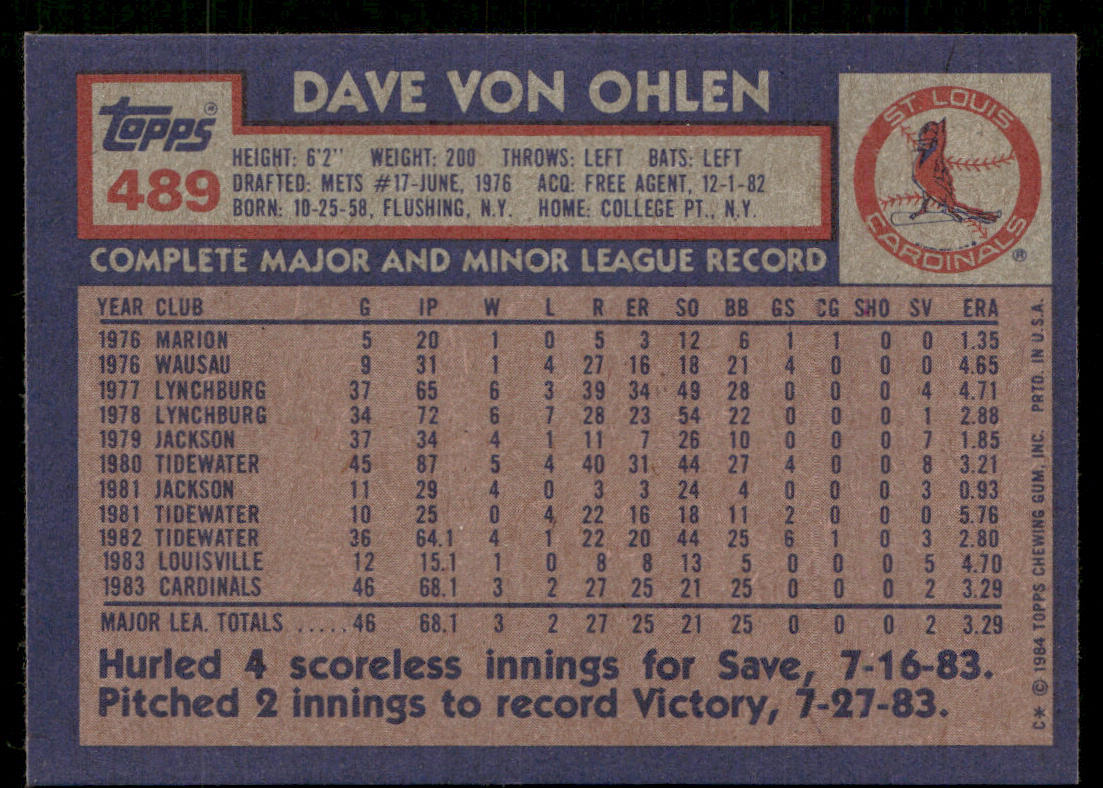 Dave Von Ohlen 1984 Topps #489 RC St. Louis Cardinals