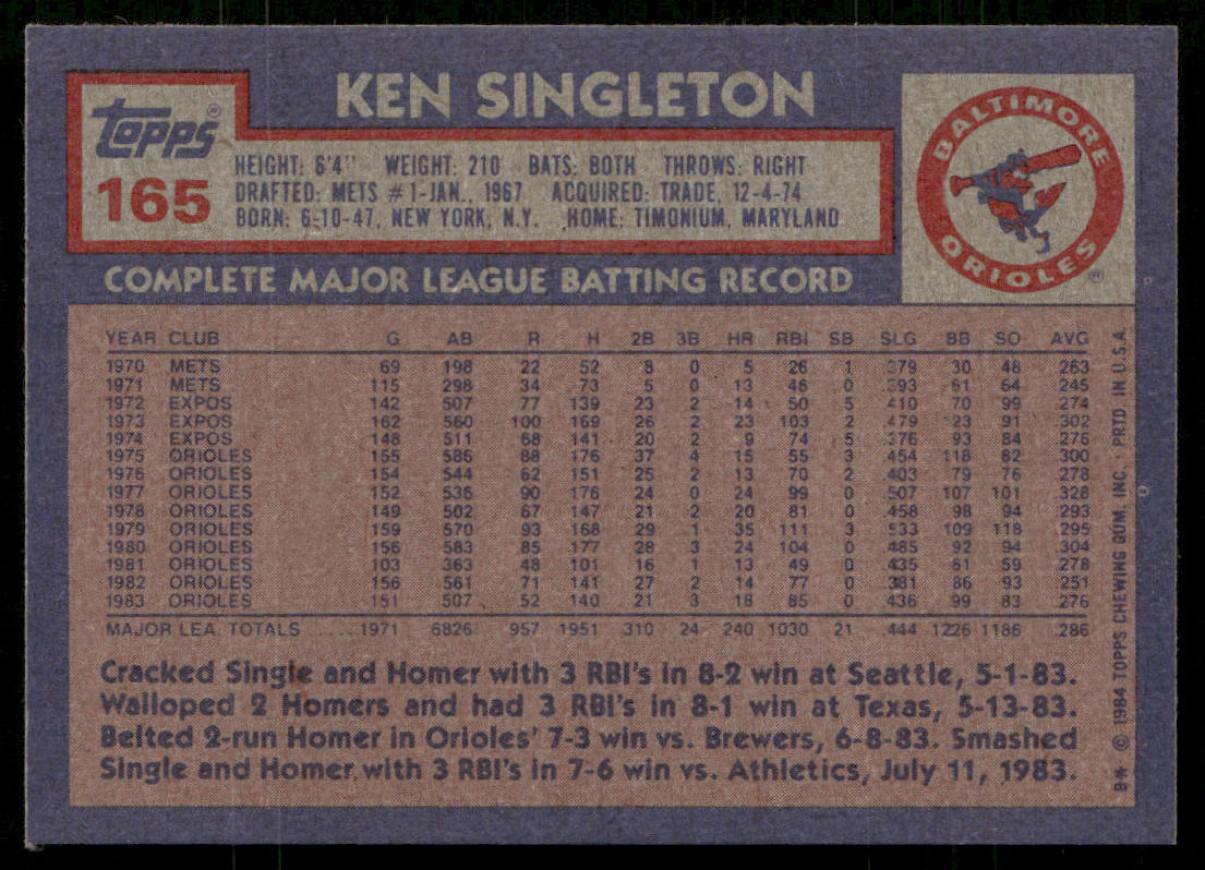 Ken Singleton 1984 Topps #165 Baltimore Orioles