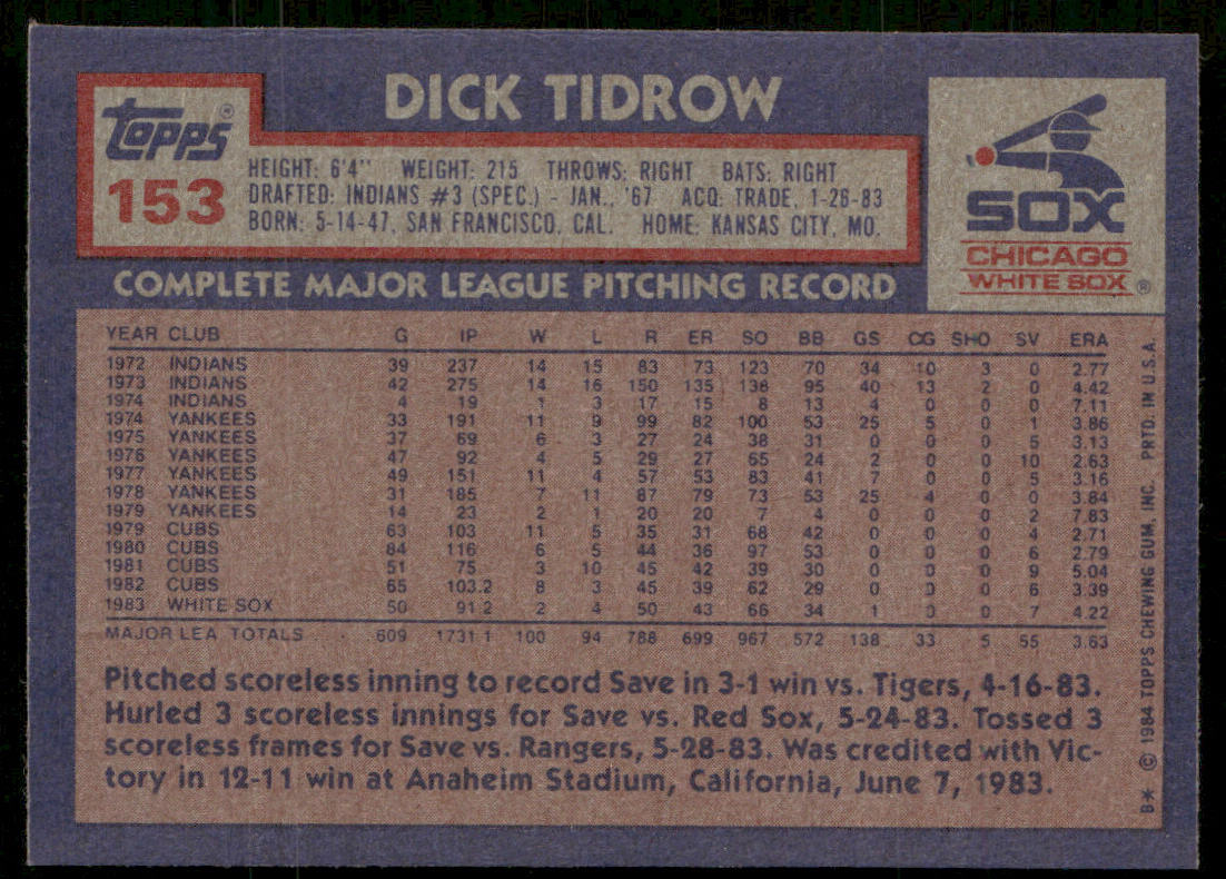 Dick Tidrow 1984 Topps #153 Chicago White Sox