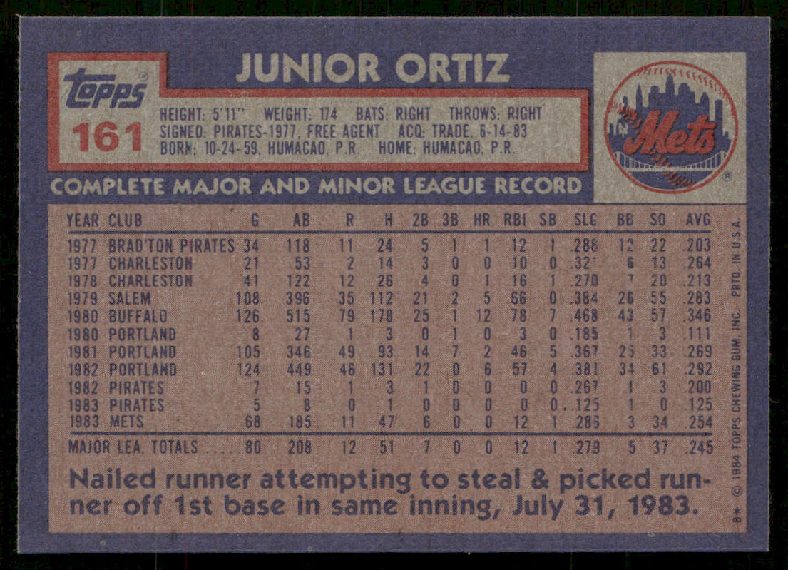 Junior Ortiz 1984 Topps #161 RC New York Mets