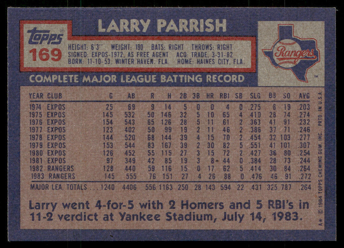 Larry Parrish 1984 Topps #169 Texas Rangers