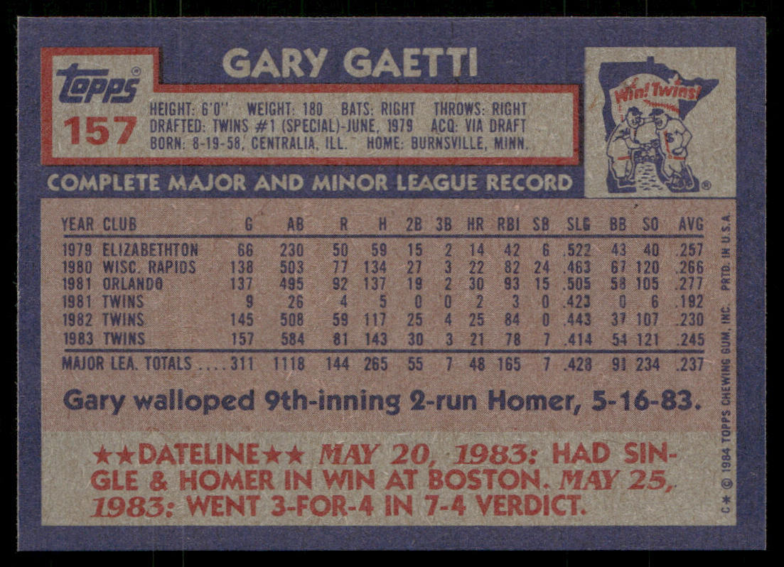 Gary Gaetti 1984 Topps #157 Minnesota Twins