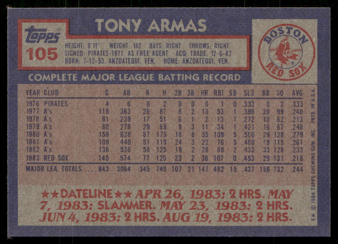 Tony Armas 1984 Topps #105 Boston Red Sox