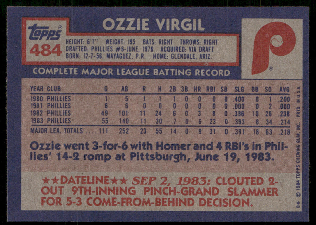 Ozzie Virgil 1984 Topps #484 Philadelphia Phillies
