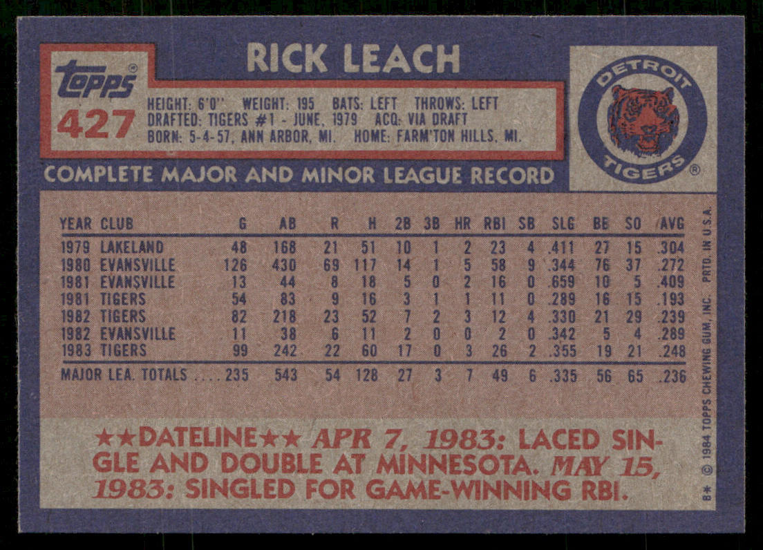 Rick Leach 1984 Topps #427 Detroit Tigers