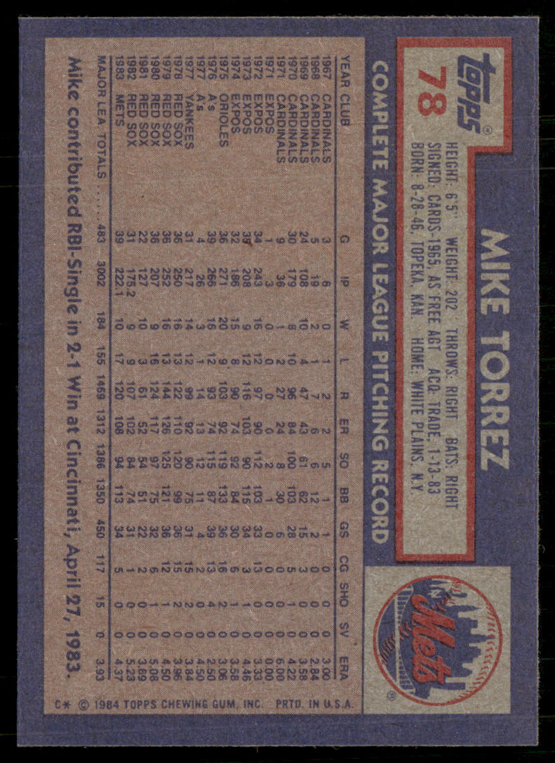 Mike Torrez 1984 Topps #78 New York Mets
