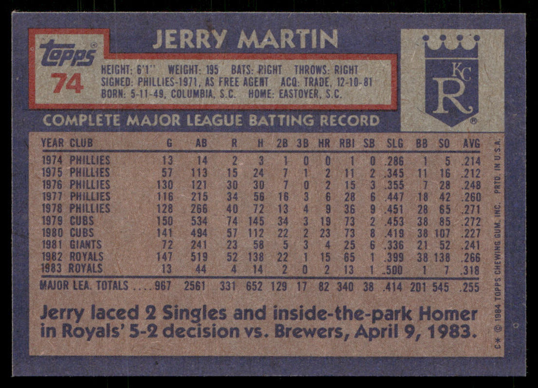 Jerry Martin 1984 Topps #74 Kansas City Royals