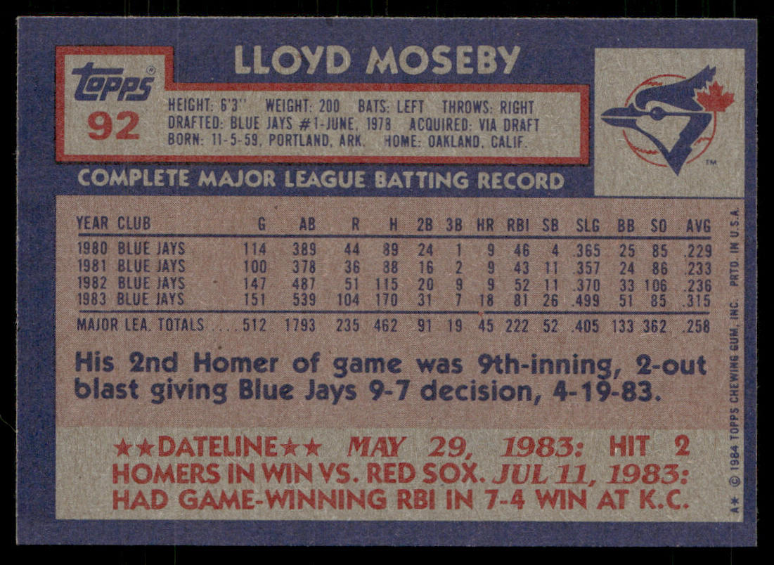 Lloyd Moseby 1984 Topps #92 Toronto Blue Jays